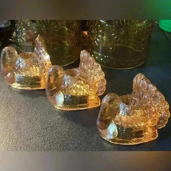 williams sonoma SET OF 3 AMBER GLASS TURKEY small taper holders 2"x 2", - Picture 1 of 9